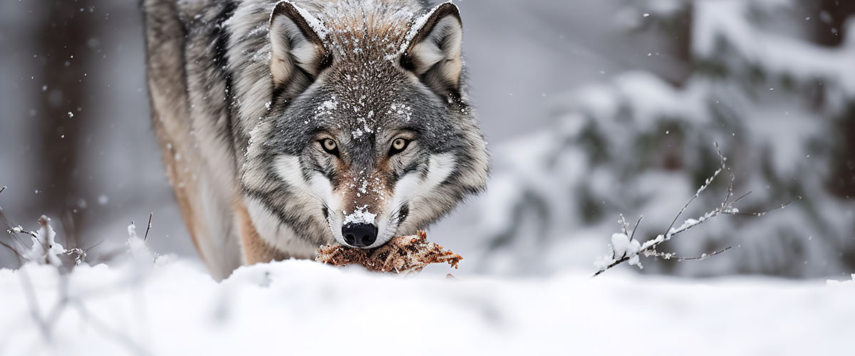 Wolf trägt Beute durch den Schnee