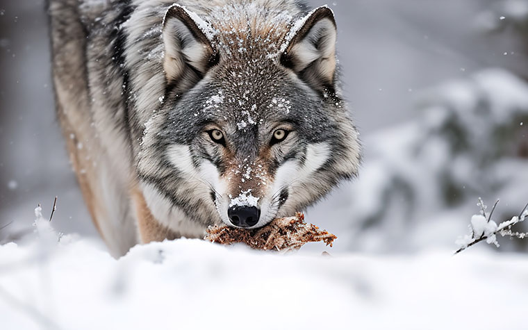 Wolf mit Fleisch im Maul